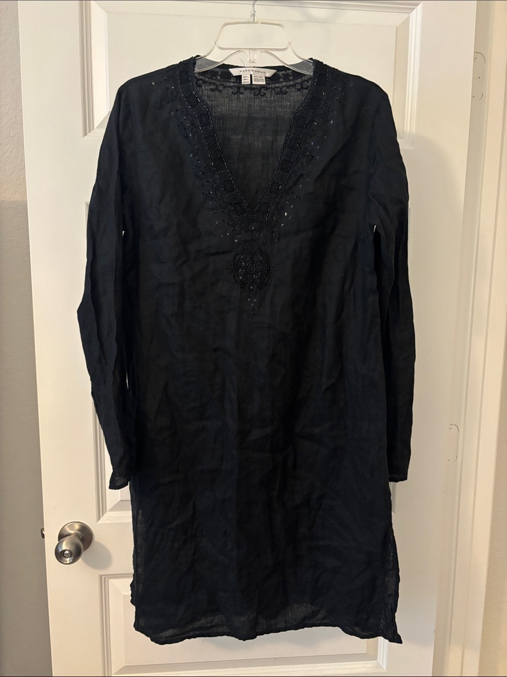 Zara Black Beaded V-Neck Tunic Mini Dress SZ L 100% Linen Embroidered Euro Boho
